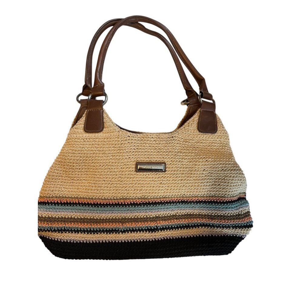Rosetti Woven Straw & Faux Leather Shoulder Bag With Multicolor Stripes Dual Han
